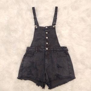 PacSun NWOT Black Distressed Raw Hem Denim Overall Shorts